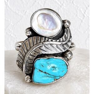 Navajo Turquoise & Mother of Pearl Ring Sterling Silver Leaf Design Size 8.5